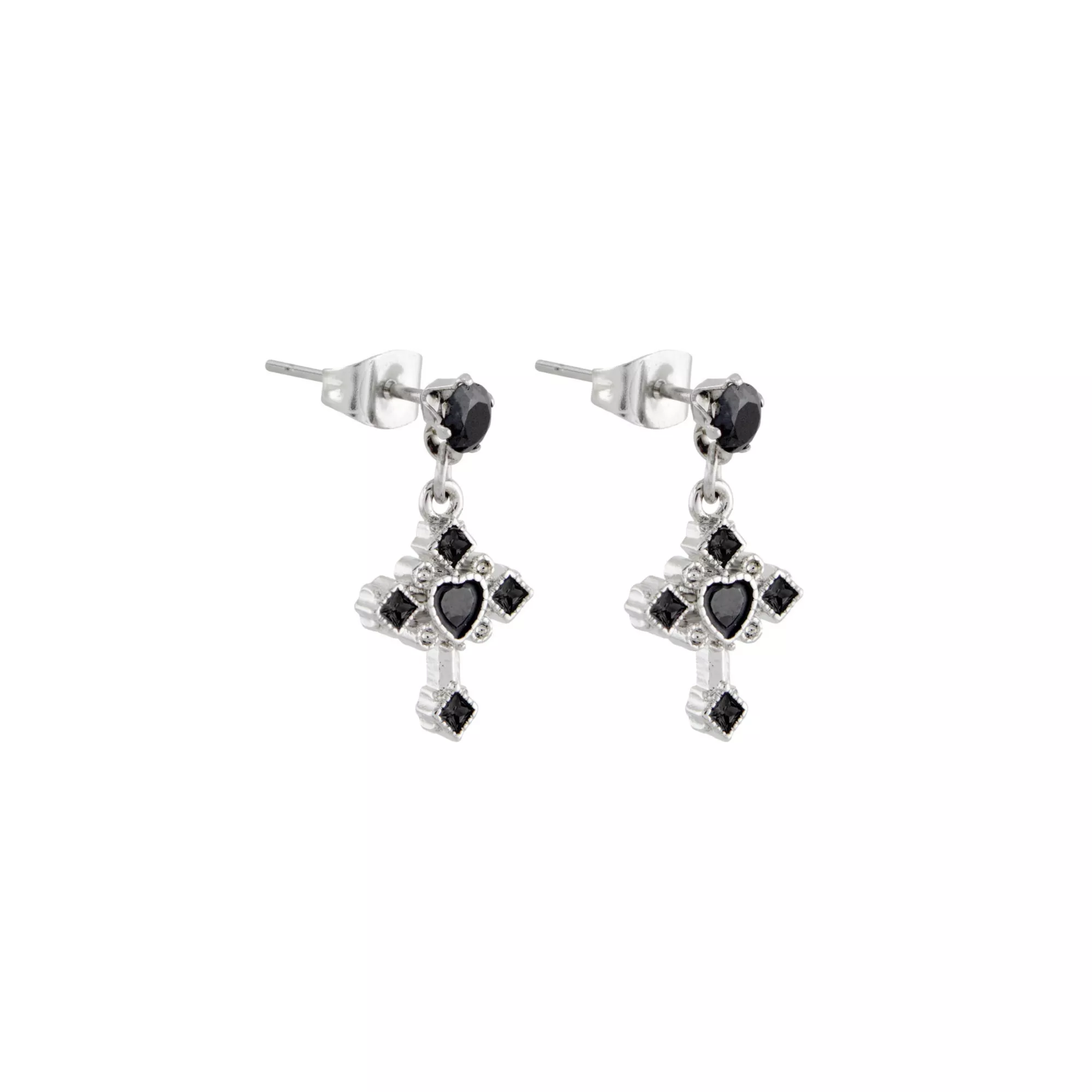 Silvertone and Black CZ Gothic Cross Dangle Stud Earrings - 20 Gauge