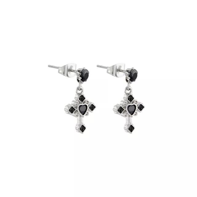 Silvertone and Black CZ Gothic Cross Dangle Stud Earrings - 20 Gauge at Spencer's