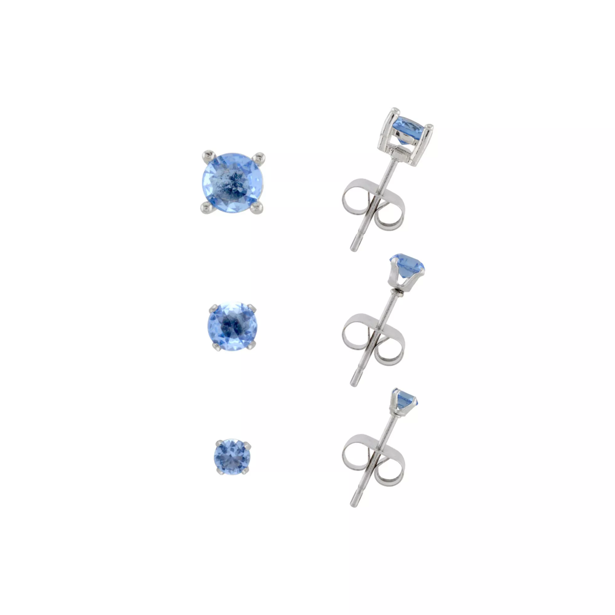 Multi-Pack 14K White Gold-Plated Blue CZ Stud Earrings 3 Pair - 20 Gauge