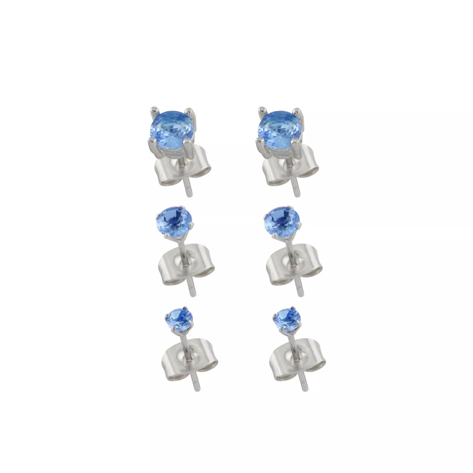Multi-Pack 14K White Gold-Plated Blue CZ Stud Earrings 3 Pair - 20 Gauge