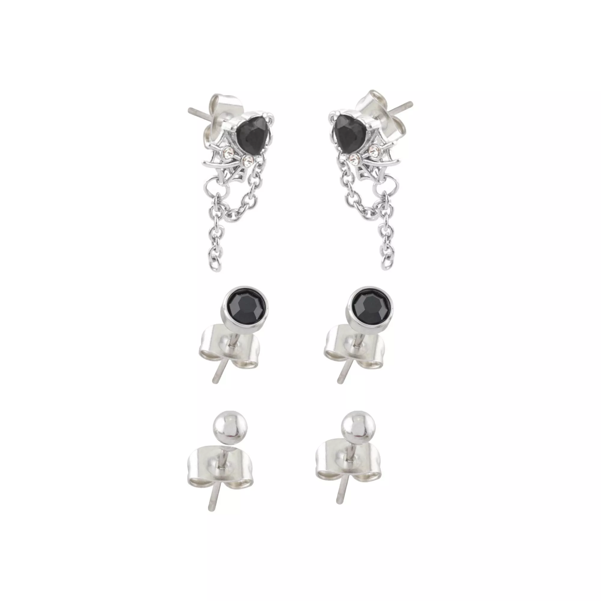 Multi-Pack Black CZ Heart Web Stud Earrings 3 Pair - 20 Gauge at Spencer's