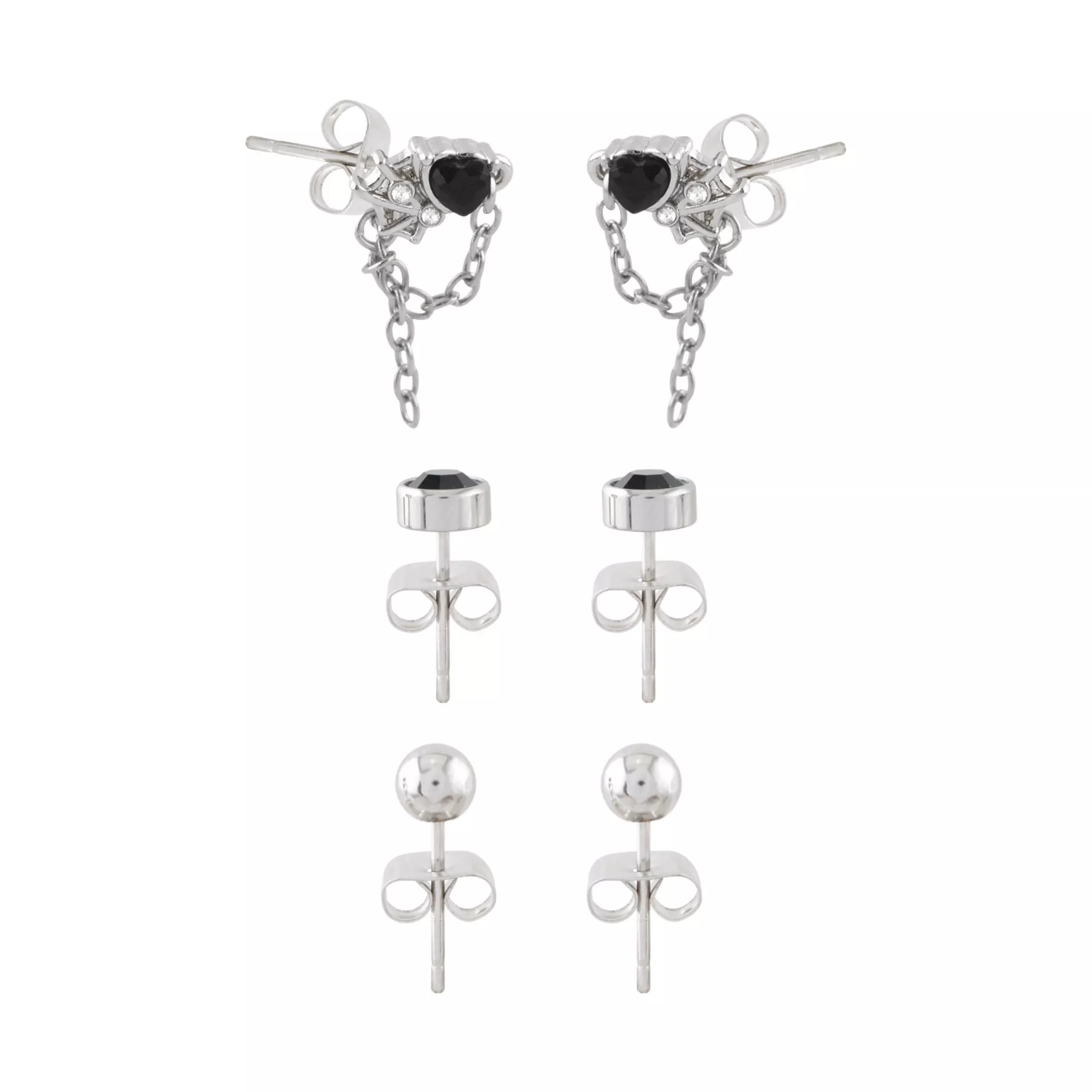 Multi-Pack Black CZ Heart Web Stud Earrings 3 Pair - 20 Gauge at Spencer's