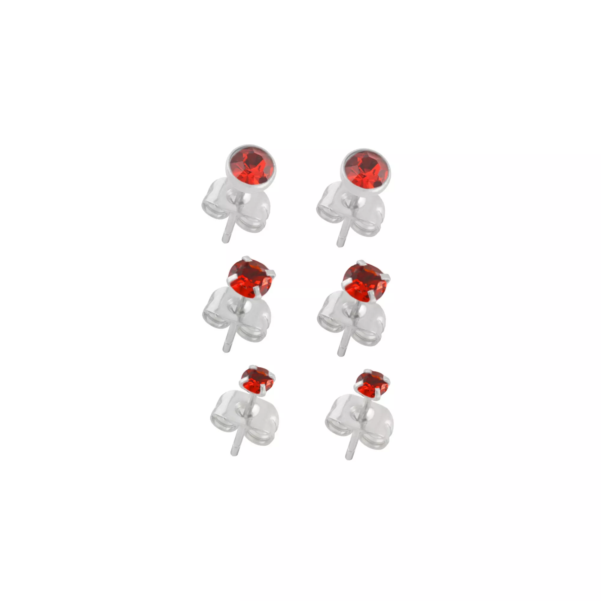 Multi-Pack Red CZ Stud Earrings 3 Pair - 20 Gauge