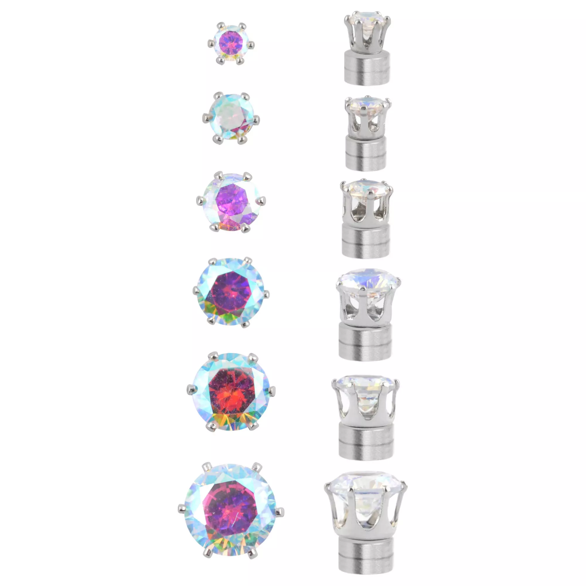 Multi-Pack CZ Aurora Borealis-Effect Magnetic Fake Stud Earrings - 6 Pair