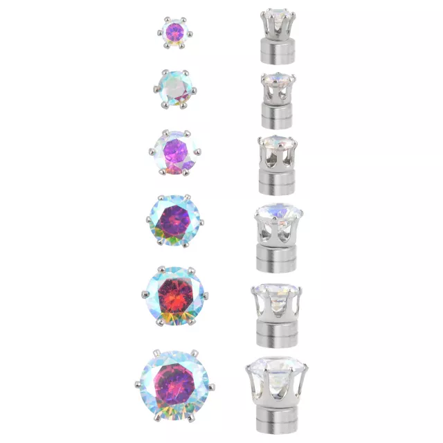 Multi-Pack CZ Aurora Borealis-Effect Magnetic Fake Stud Earrings - 6 Pair