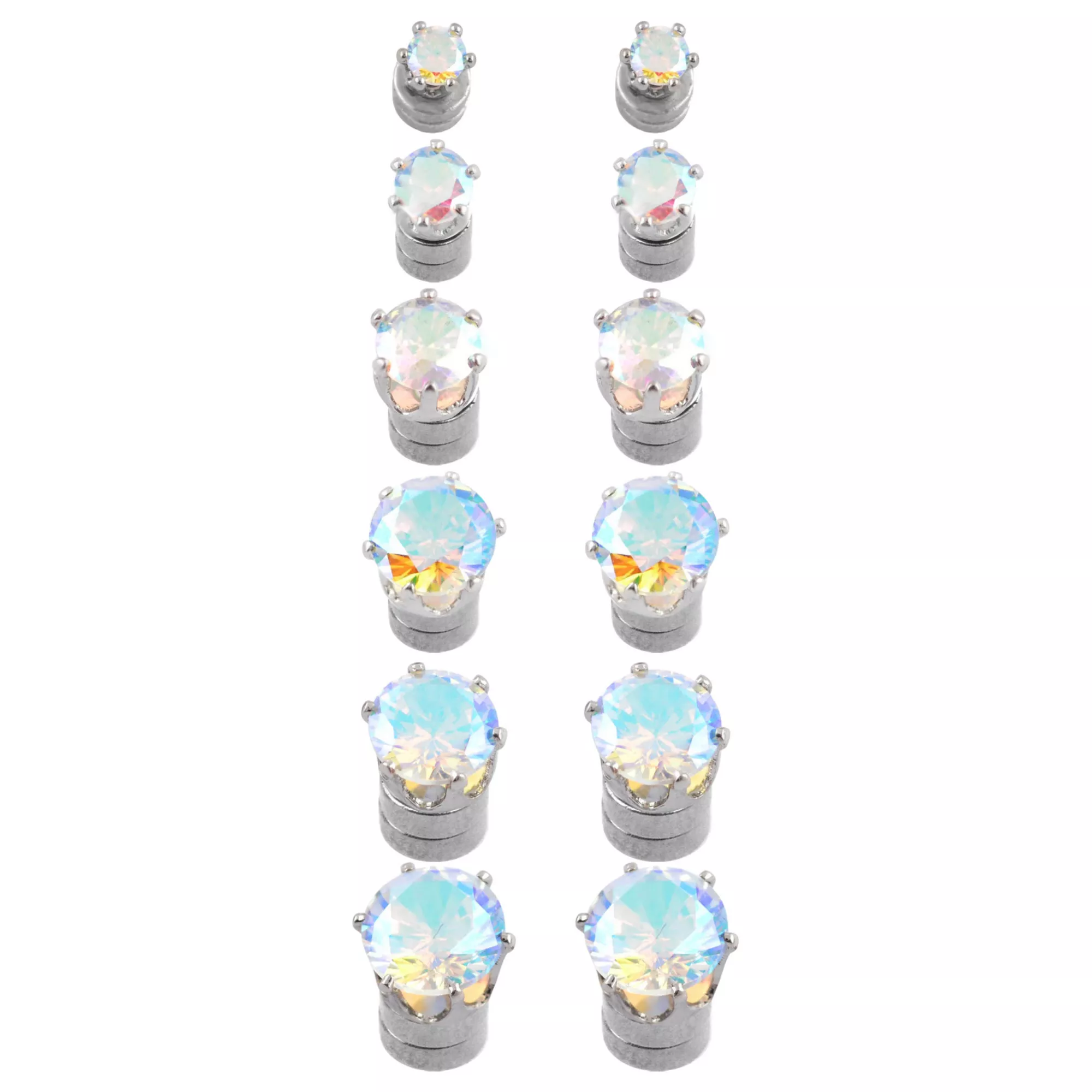 Multi-Pack CZ Aurora Borealis-Effect Magnetic Fake Stud Earrings - 6 Pair