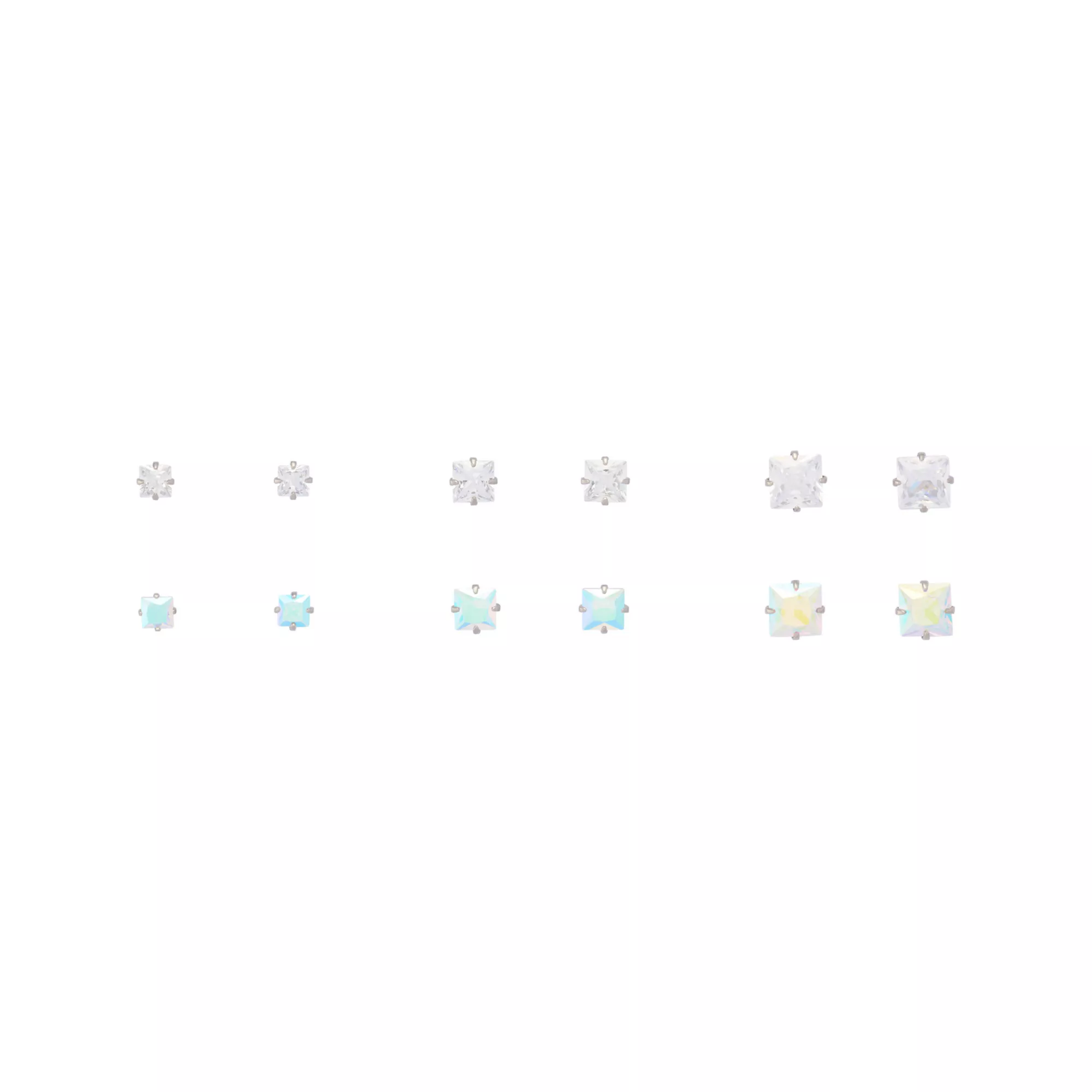 Multi-Pack CZ Aurora Borealis-Effect Square Stud Earrings 6 Pairs - 20 Gauge