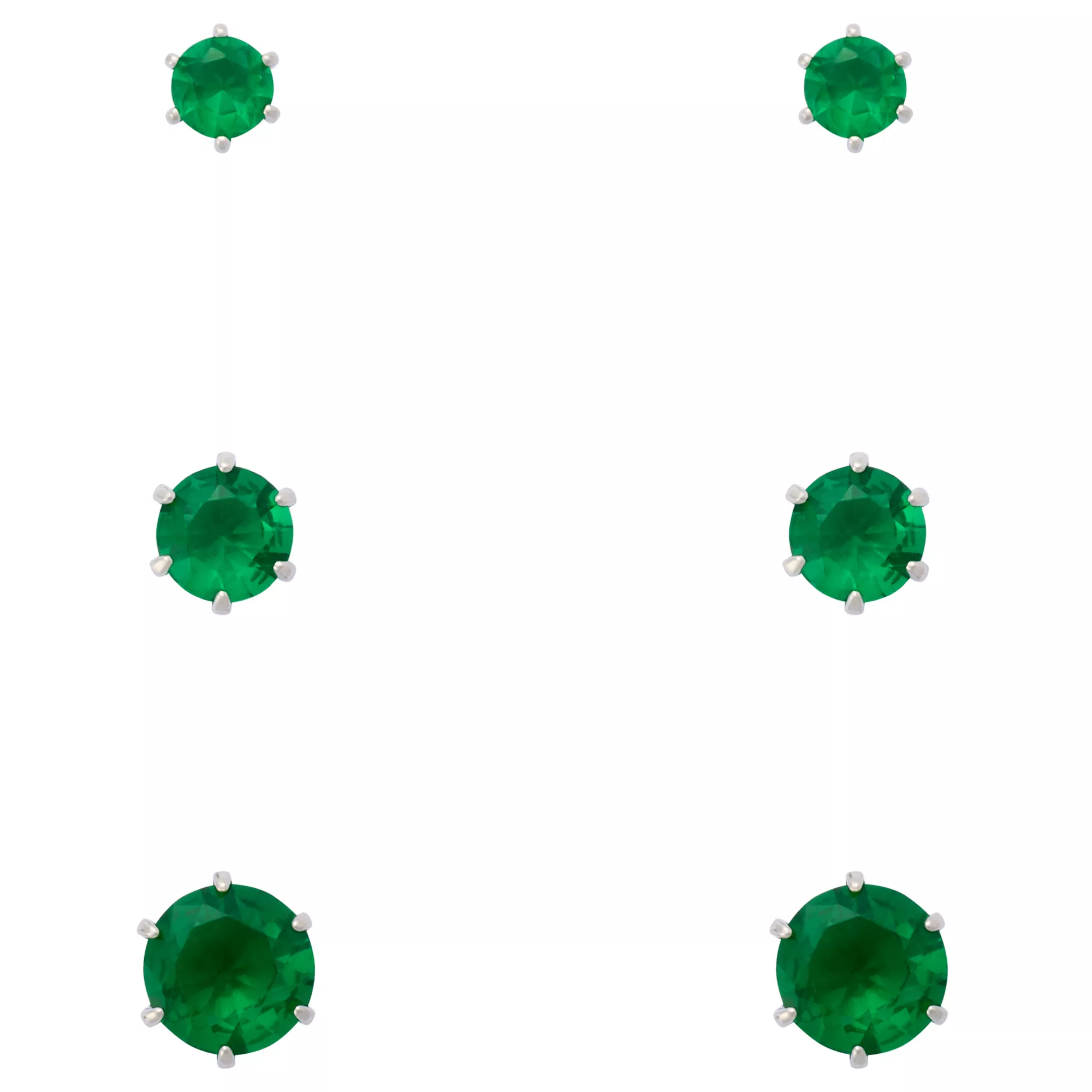 Multi-Pack Green CZ Silver-Plated Stud Earrings 3 Pair - 20 Gauge