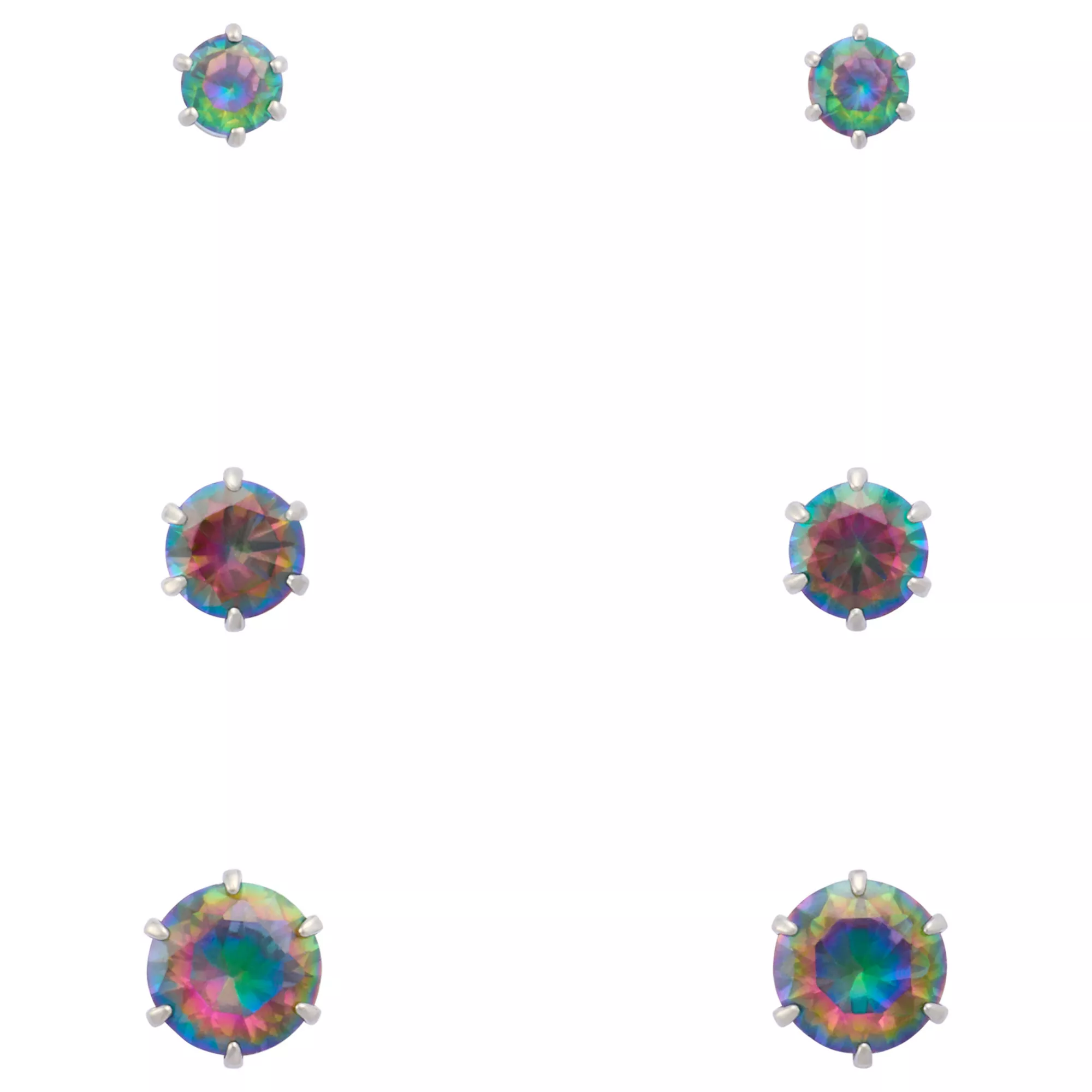 Multi-Pack Vitrail CZ Silver-Plated Stud Earrings 3 Pair - 20 Gauge