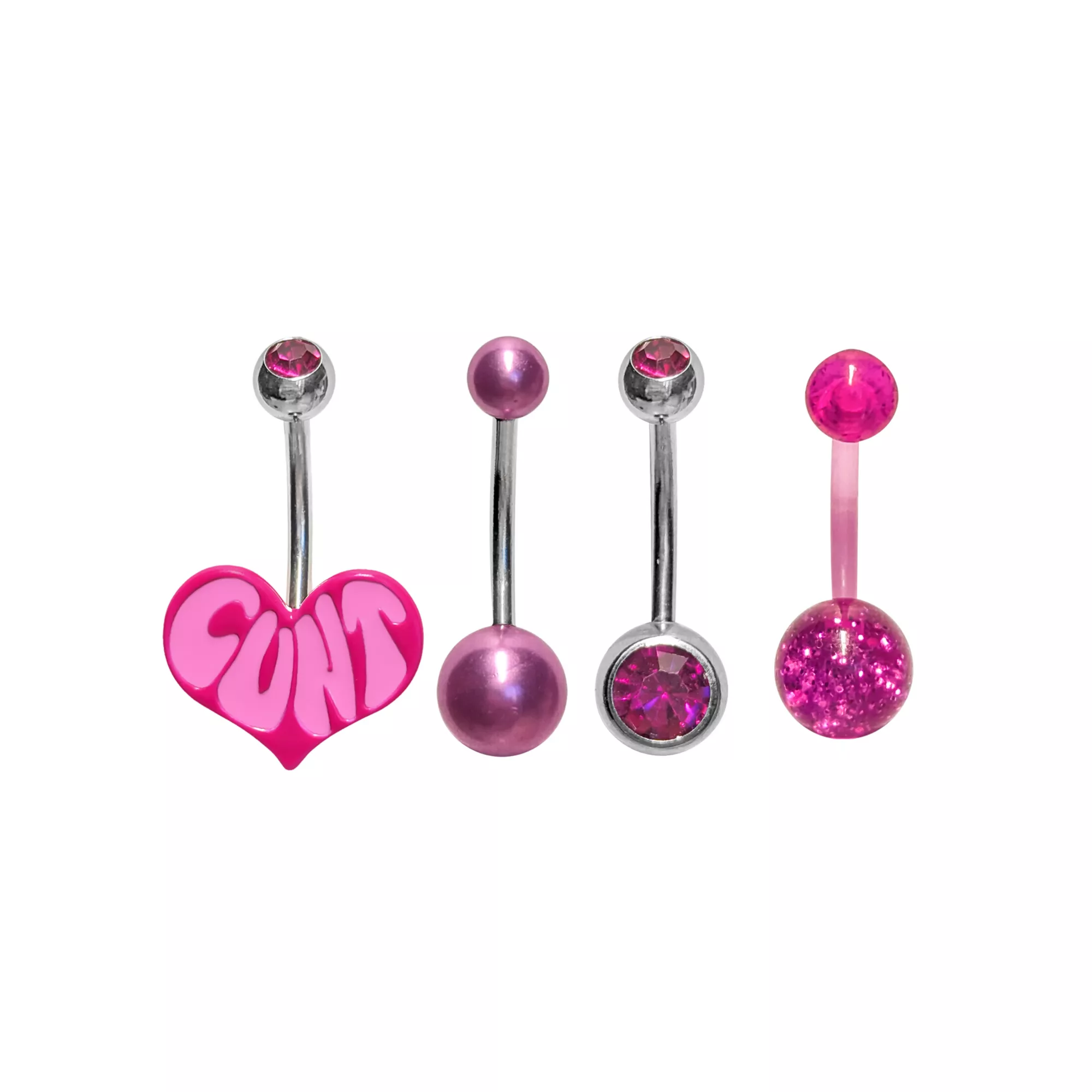 Multi-Pack Pink CZ Groovy Cunt Heart Silver-Tone Belly Rings 4 Pack - 14 Gauge