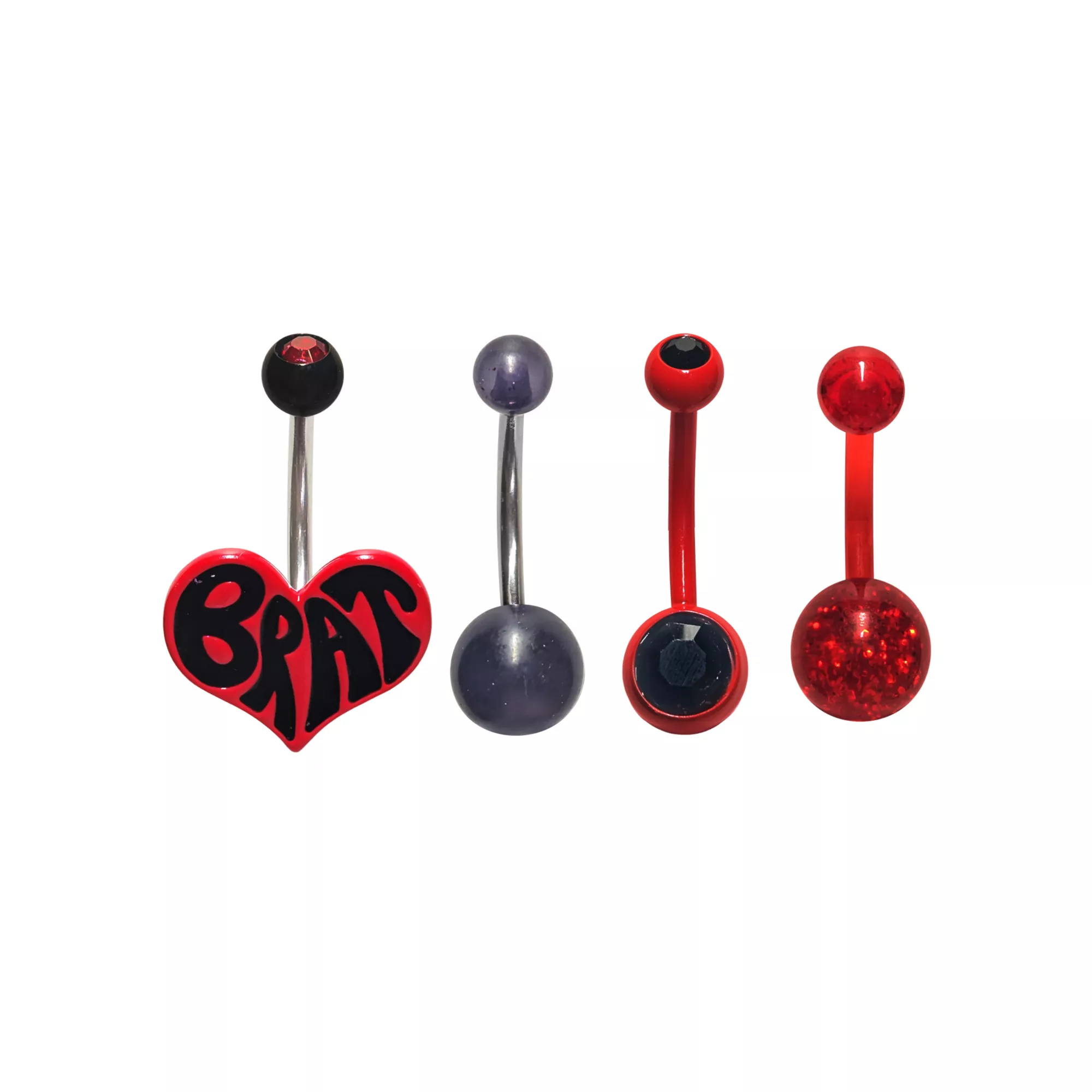 Multi-Pack Black and Red CZ Groovy Brat Heart Silver-Tone Belly Rings 4 Pack - 14 Gauge