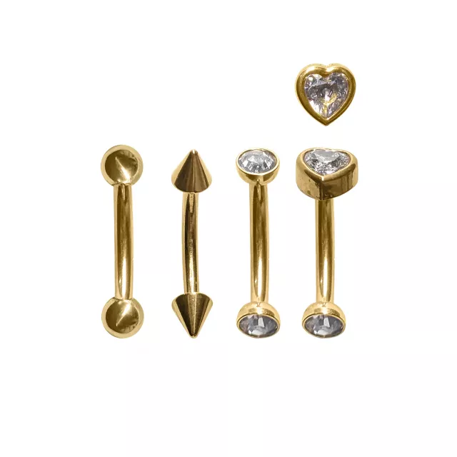 Multi-Pack CZ Heart and Spike Gold-Tone Curved Barbells 4 Pack - 16 Gauge at Spencer's
