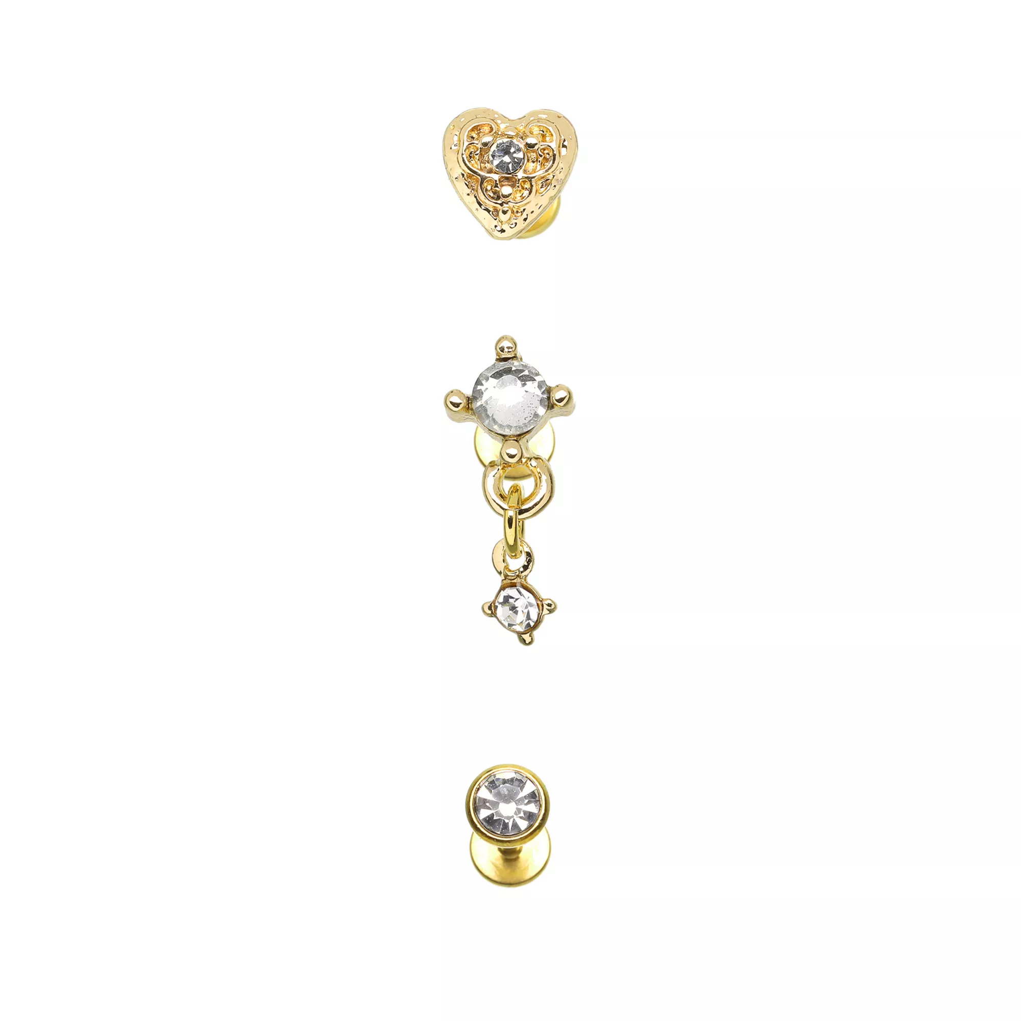 Multi-Pack Gold-Tone Gem Heart Dangle Flat Back Labret Lip Rings 3 Pack - 18 Gauge