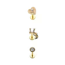 Multi-Pack Gold-Tone Gem Heart Dangle Flat Back Labret Lip Rings 3 Pack - 18 Gauge at Spencer's