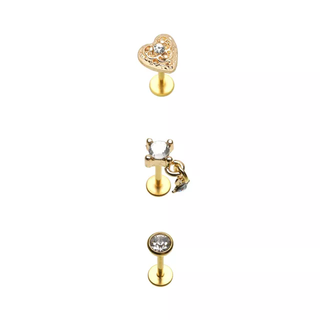 Multi-Pack Gold-Tone Gem Heart Dangle Flat Back Labret Lip Rings 3 Pack - 18 Gauge at Spencer's
