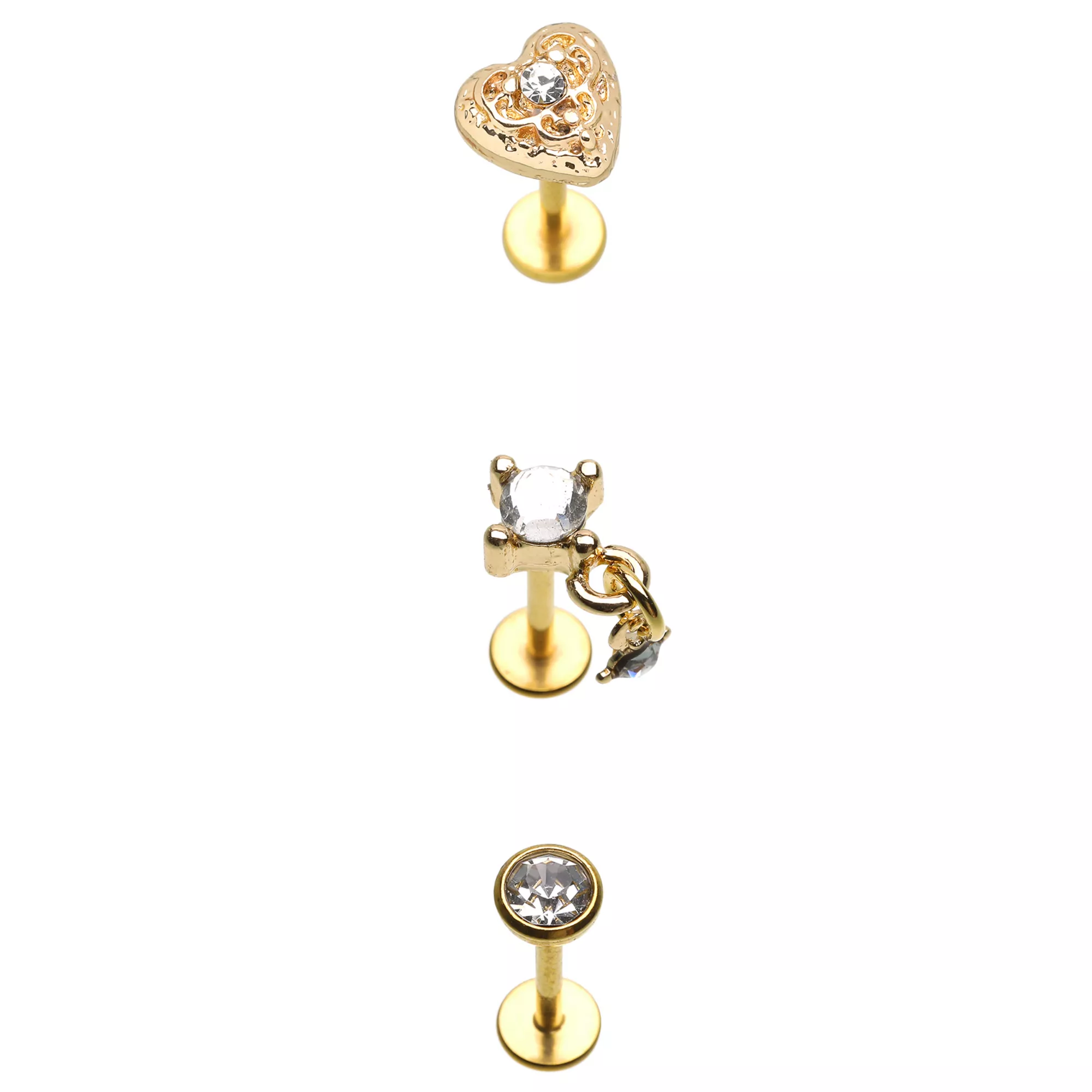 Multi-Pack Gold-Tone Gem Heart Dangle Flat Back Labret Lip Rings 3 Pack - 18 Gauge