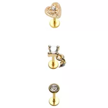 Multi-Pack Gold-Tone Gem Heart Dangle Flat Back Labret Lip Rings 3 Pack - 18 Gauge at Spencer's