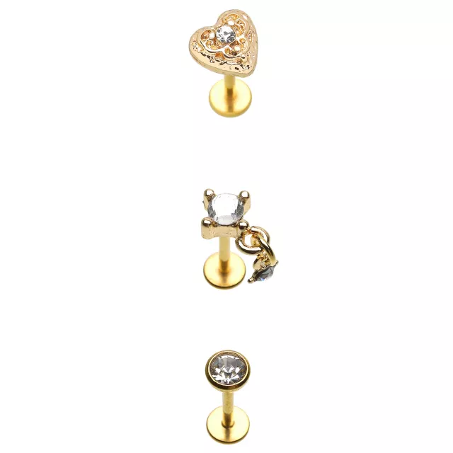 Multi-Pack Gold-Tone Gem Heart Dangle Flat Back Labret Lip Rings 3 Pack - 18 Gauge at Spencer's