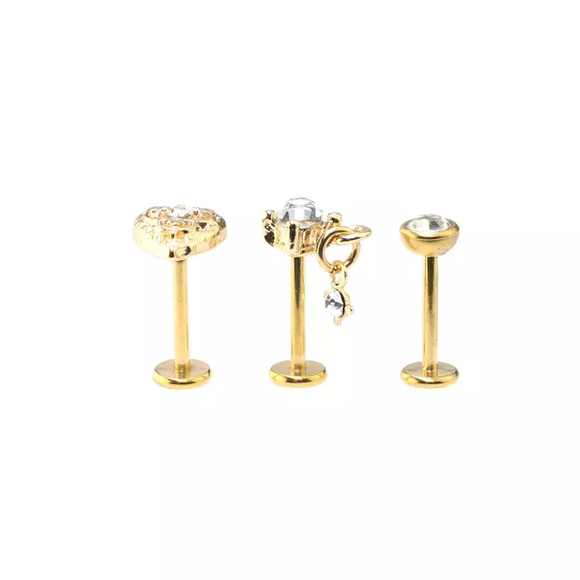 Multi-Pack Gold-Tone Gem Heart Dangle Flat Back Labret Lip Rings 3 Pack - 18 Gauge at Spencer's