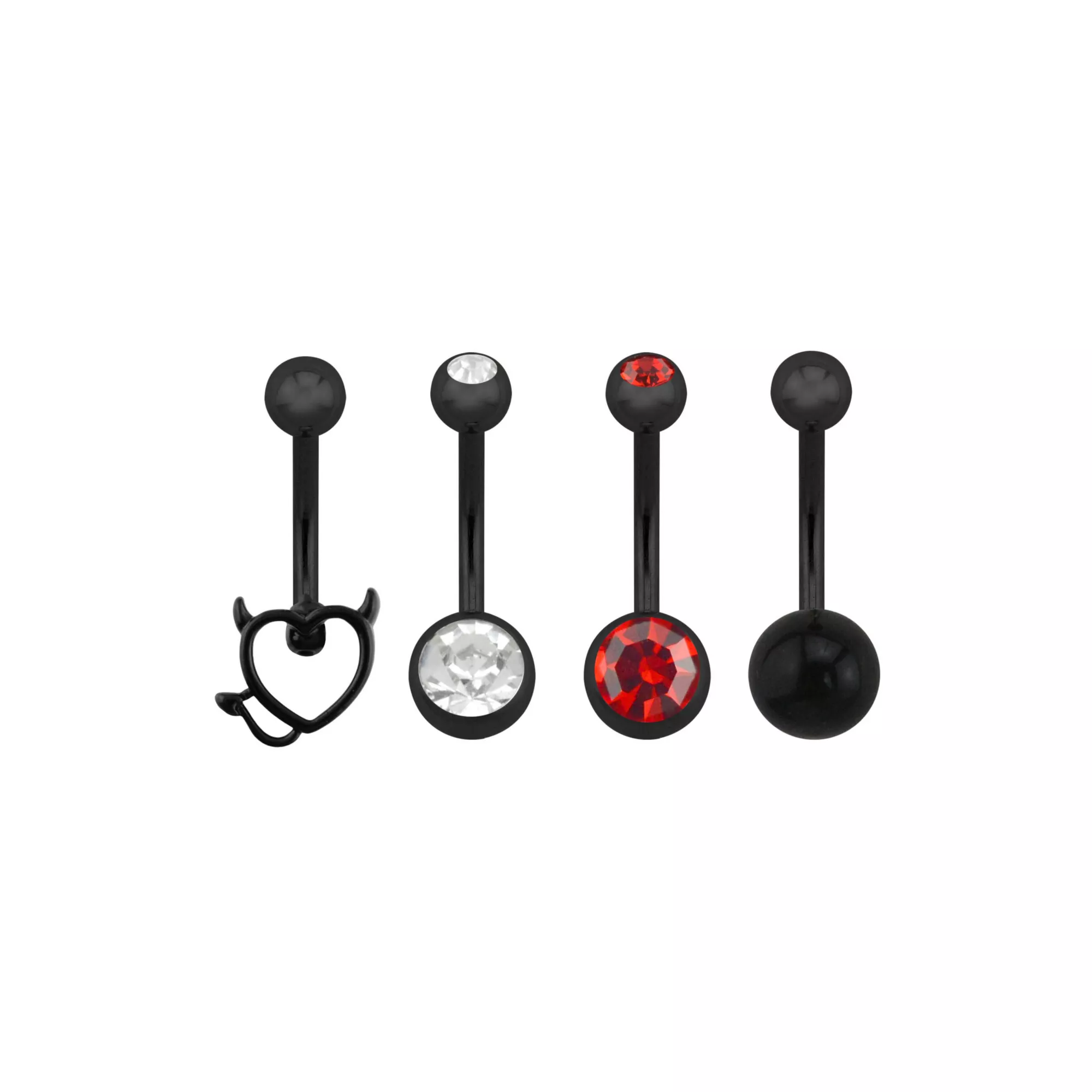 Multi-Pack Red and Clear CZ Devil Heart Black-Tone Titanium Belly Rings 4 Pack - 14 Gauge at Spencer's