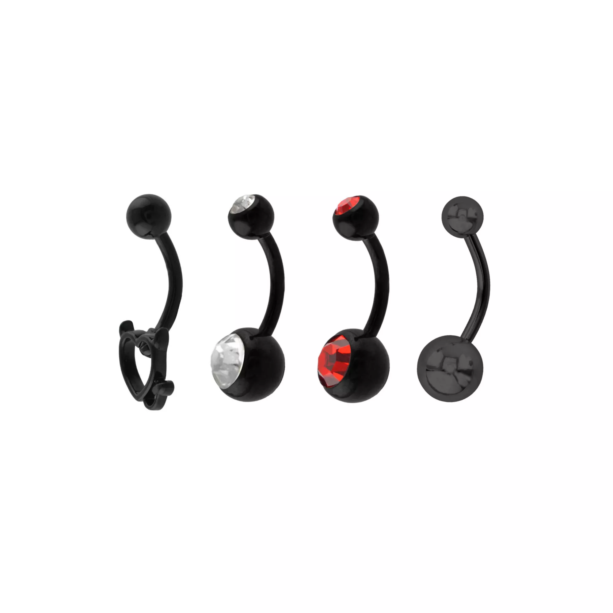 Multi-Pack Red and Clear CZ Devil Heart Black-Tone Titanium Belly Rings 4 Pack - 14 Gauge at Spencer's