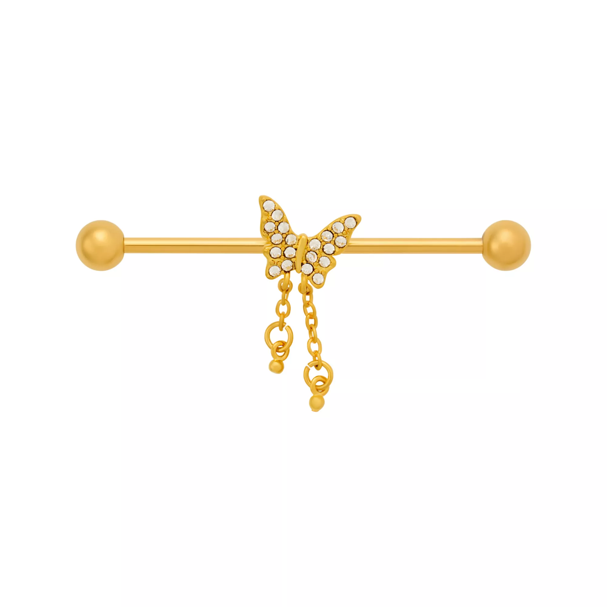 CZ Butterfly Chain Gold-Tone Titanium Industrial Barbell - 14 Gauge at Spencer's