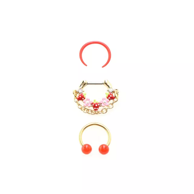 Multi-Pack Red Strawberry Septum Clicker Retainer and Horseshoe Rings 3 Pack - 16 Gauge at Spencer's