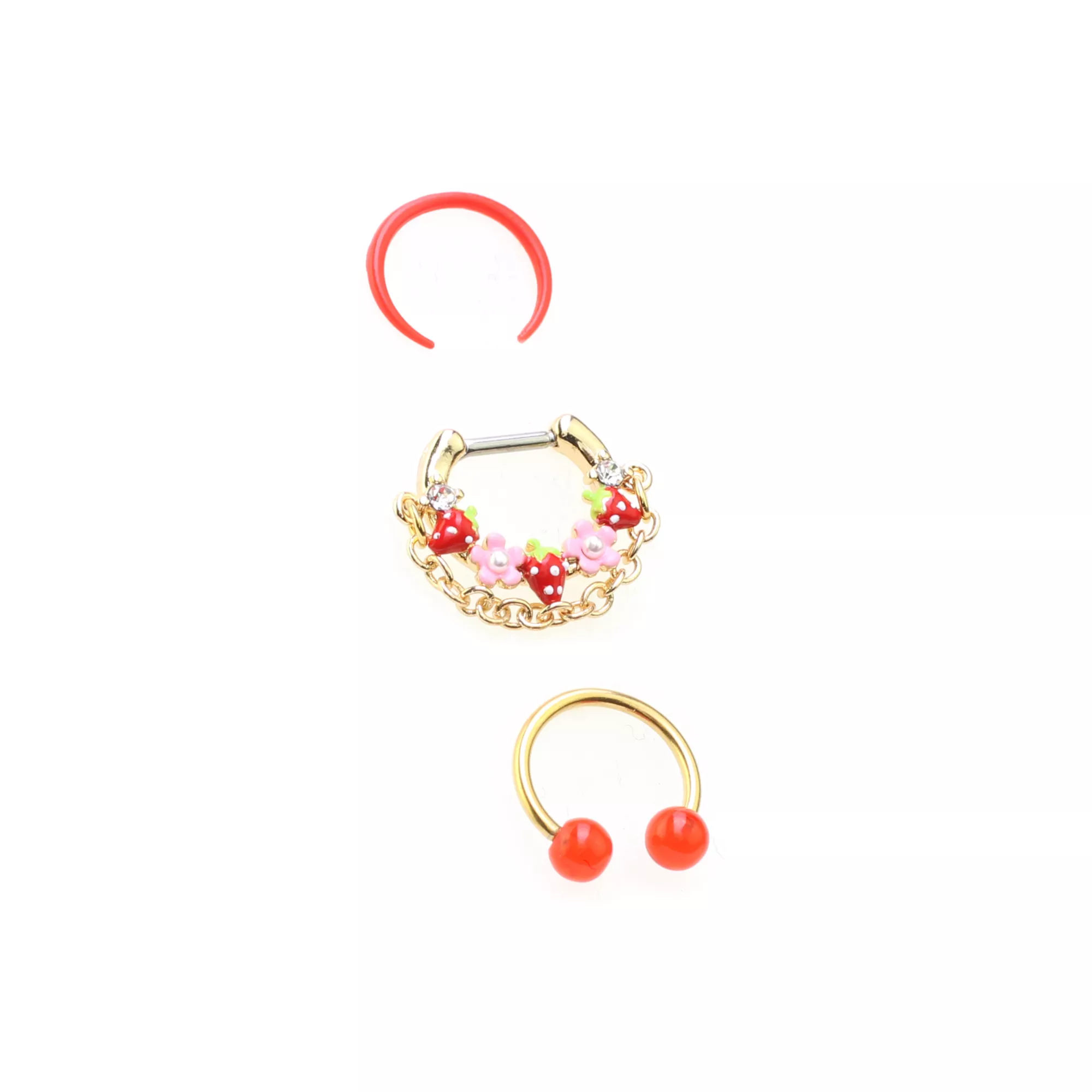 Multi-Pack Red Strawberry Septum Clicker Retainer and Horseshoe Rings 3 Pack - 16 Gauge at Spencer's