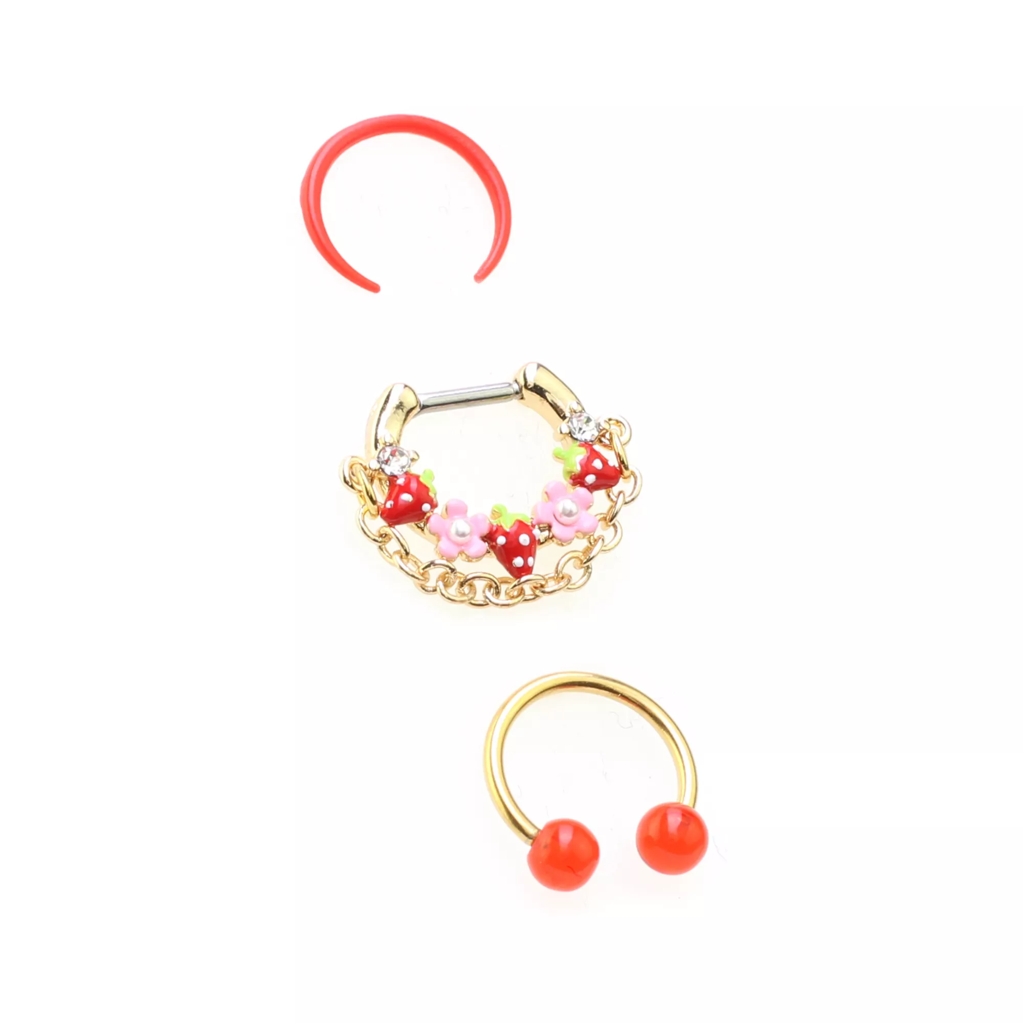 Multi-Pack Red Strawberry Septum Clicker Retainer and Horseshoe Rings 3 Pack - 16 Gauge at Spencer's