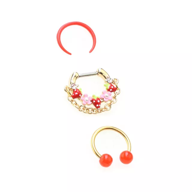 Multi-Pack Red Strawberry Septum Clicker Retainer and Horseshoe Rings 3 Pack - 16 Gauge at Spencer's