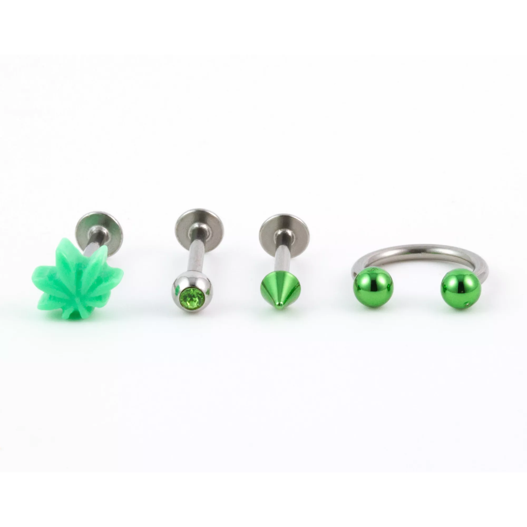 Multi-Pack CZ Green Leaf Labrets and Horseshoe Ring 4 Pack - 16 Gauge