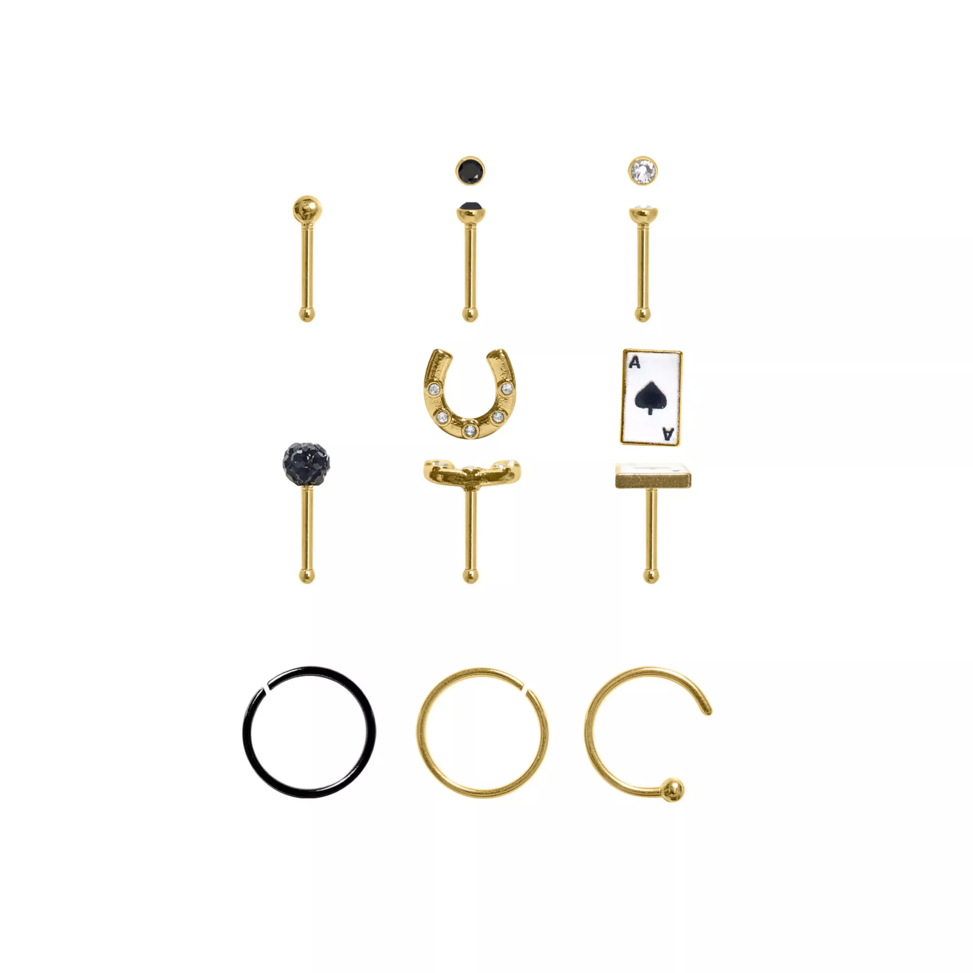 Multi-Pack Black and Clear CZ Lucky Draw Gold-Tone Nose Pins and Hoops 9 Pack - 20 Gauge at Spencer's
