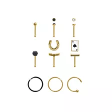 Multi-Pack Black and Clear CZ Lucky Draw Gold-Tone Nose Pins and Hoops 9 Pack - 20 Gauge at Spencer's