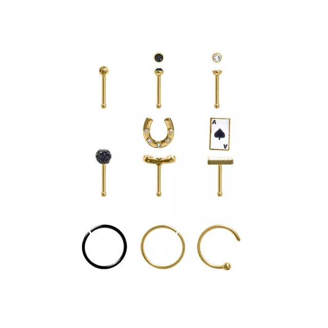 Multi-Pack Black and Clear CZ Lucky Draw Gold-Tone Nose Pins and Hoops 9 Pack - 20 Gauge at Spencer's