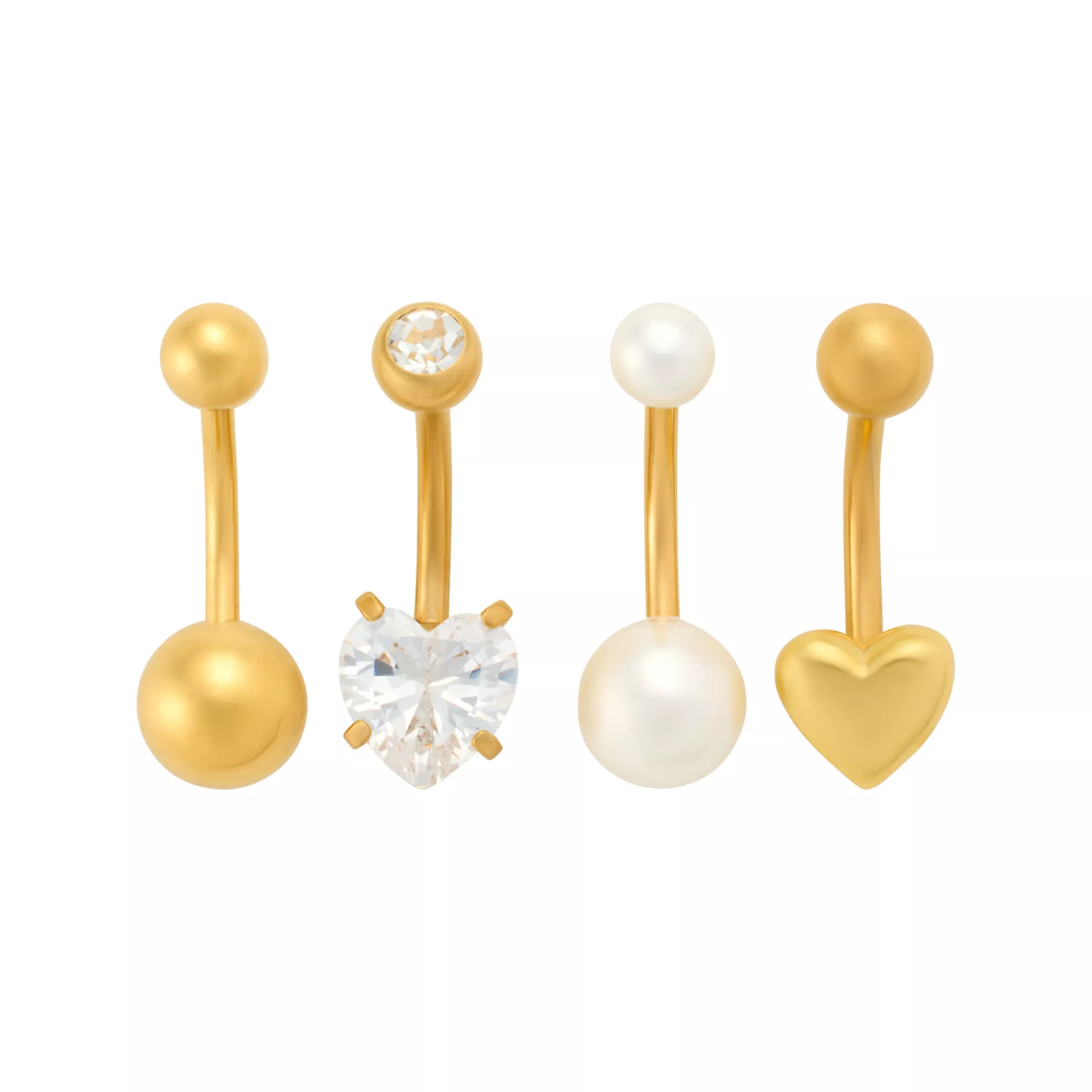 Multi-Pack CZ Pearl-Effect Heart Gold-Tone Titanium Belly Rings 4 Pack - 14 Gauge at Spencer's