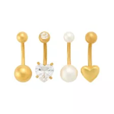 Multi-Pack CZ Pearl-Effect Heart Gold-Tone Titanium Belly Rings 4 Pack - 14 Gauge at Spencer's