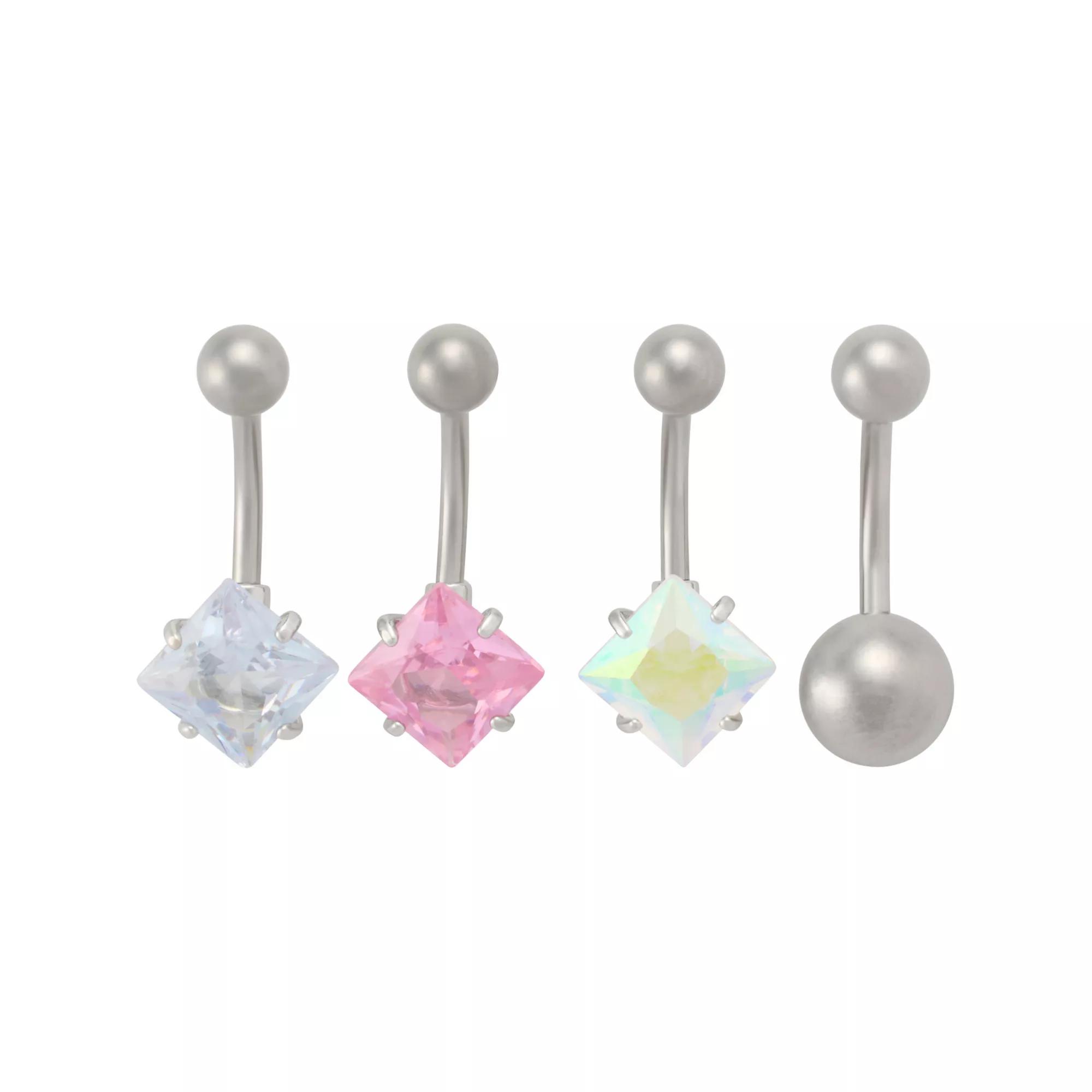 Multi-Pack Pink CZ Aurora Borealis-Effect Square Titanium Belly Rings 4 Pack - 14 Gauge at Spencer's