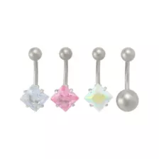 Multi-Pack Pink CZ Aurora Borealis-Effect Square Titanium Belly Rings 4 Pack - 14 Gauge at Spencer's