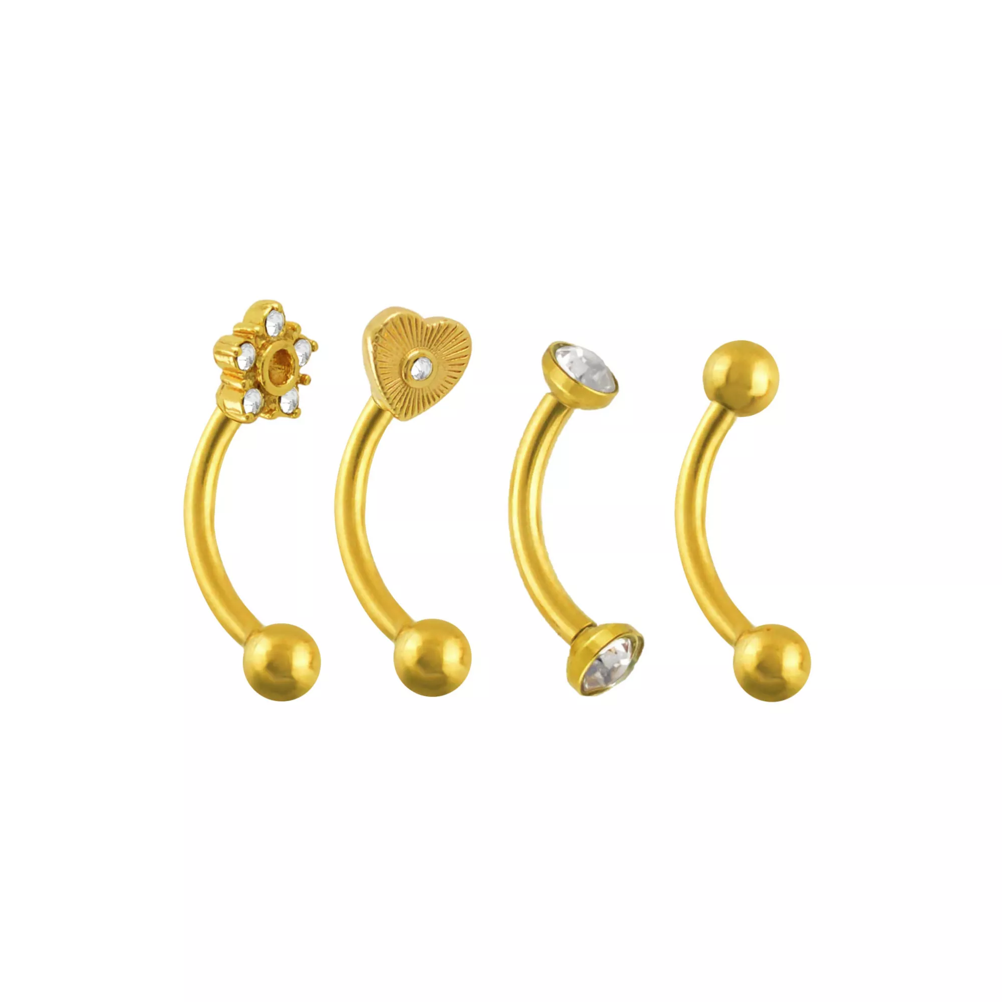 Multi-Pack CZ Heart Flower Gold-Tone Curved Barbells 4 Pack - 16 Gauge