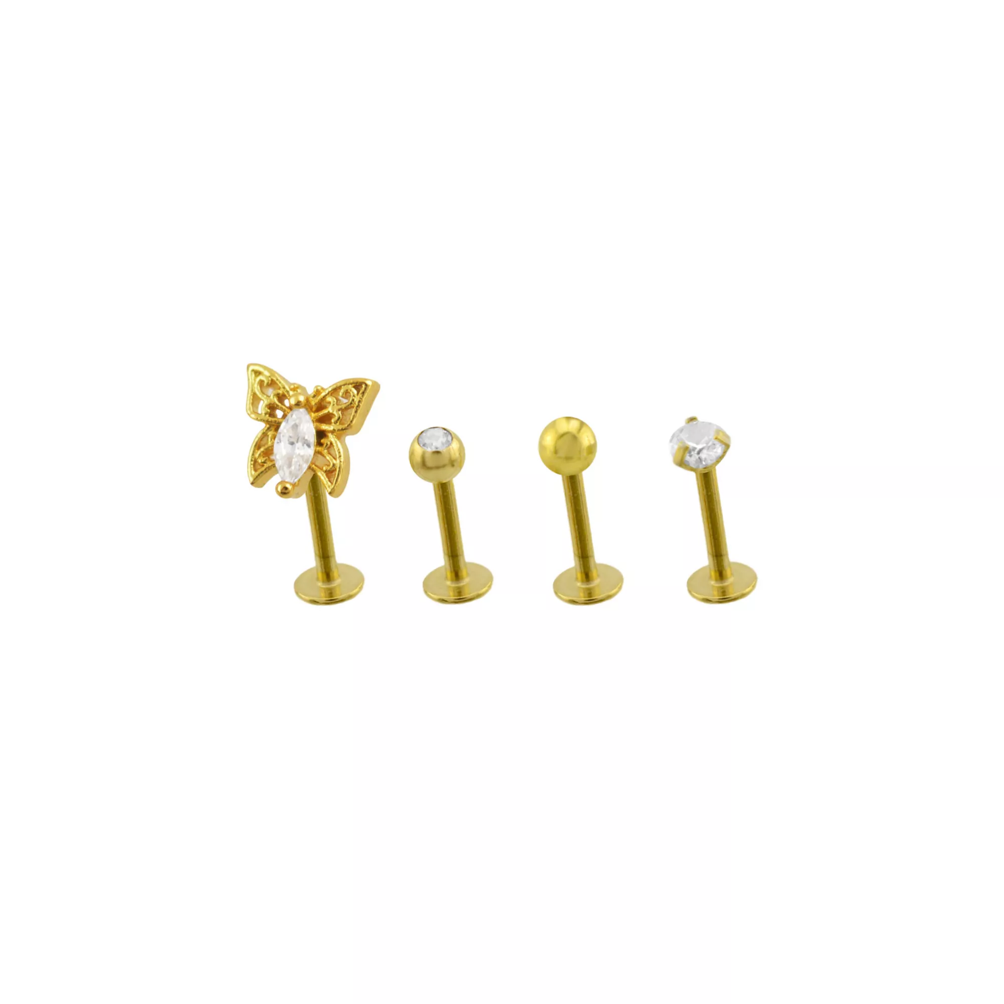 Multi-Pack Clear CZ Butterfly Gold-Tone Titanium Labret Lip Rings 4 Pack - 16 Gauge at Spencer's