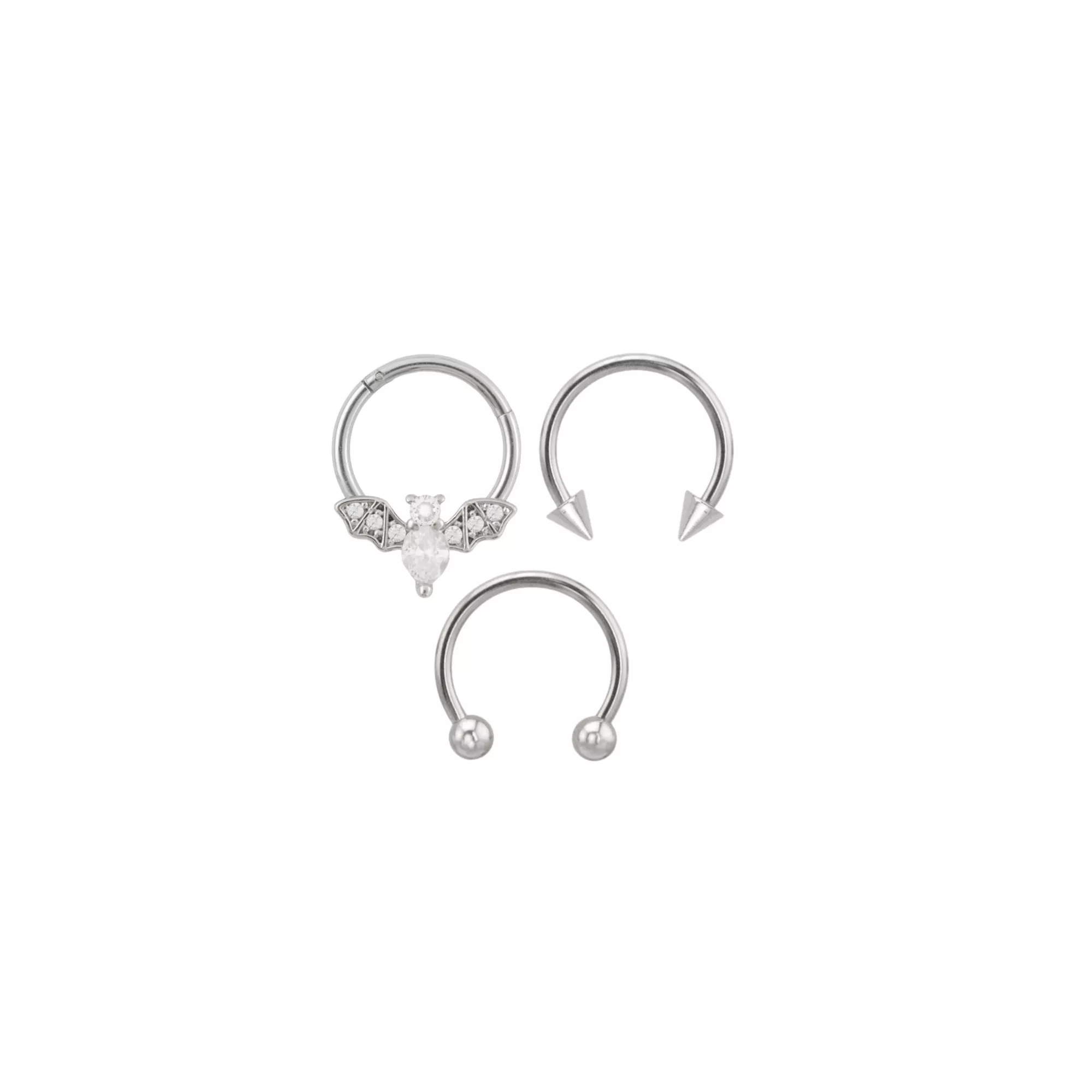 Multi-Pack CZ Bat Titanium Hinged Hoop and Horseshoe Rings 3 Pack - 16 Gauge at Spencer's