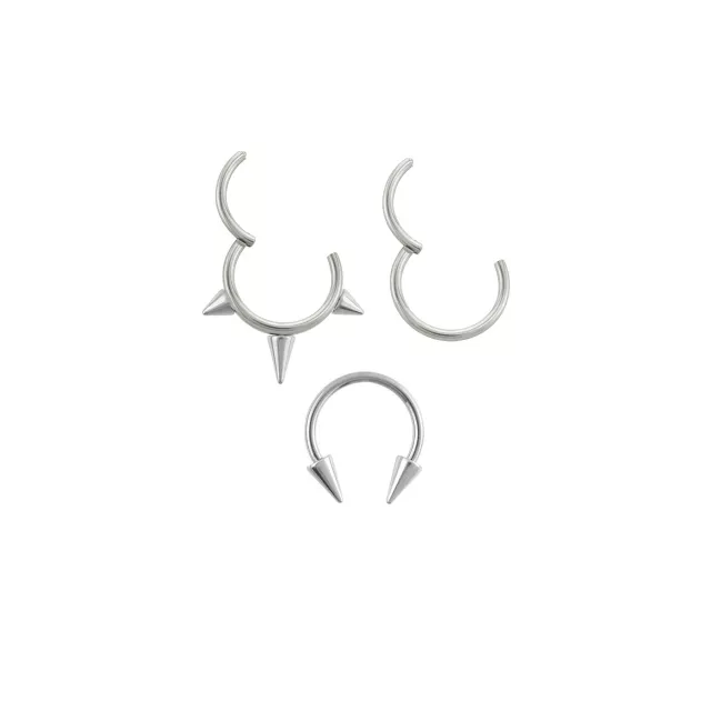Multi-Pack Spiked Titanium Hinged Hoop and Horseshoe Rings 3 Pack - 16 Gauge at Spencer's