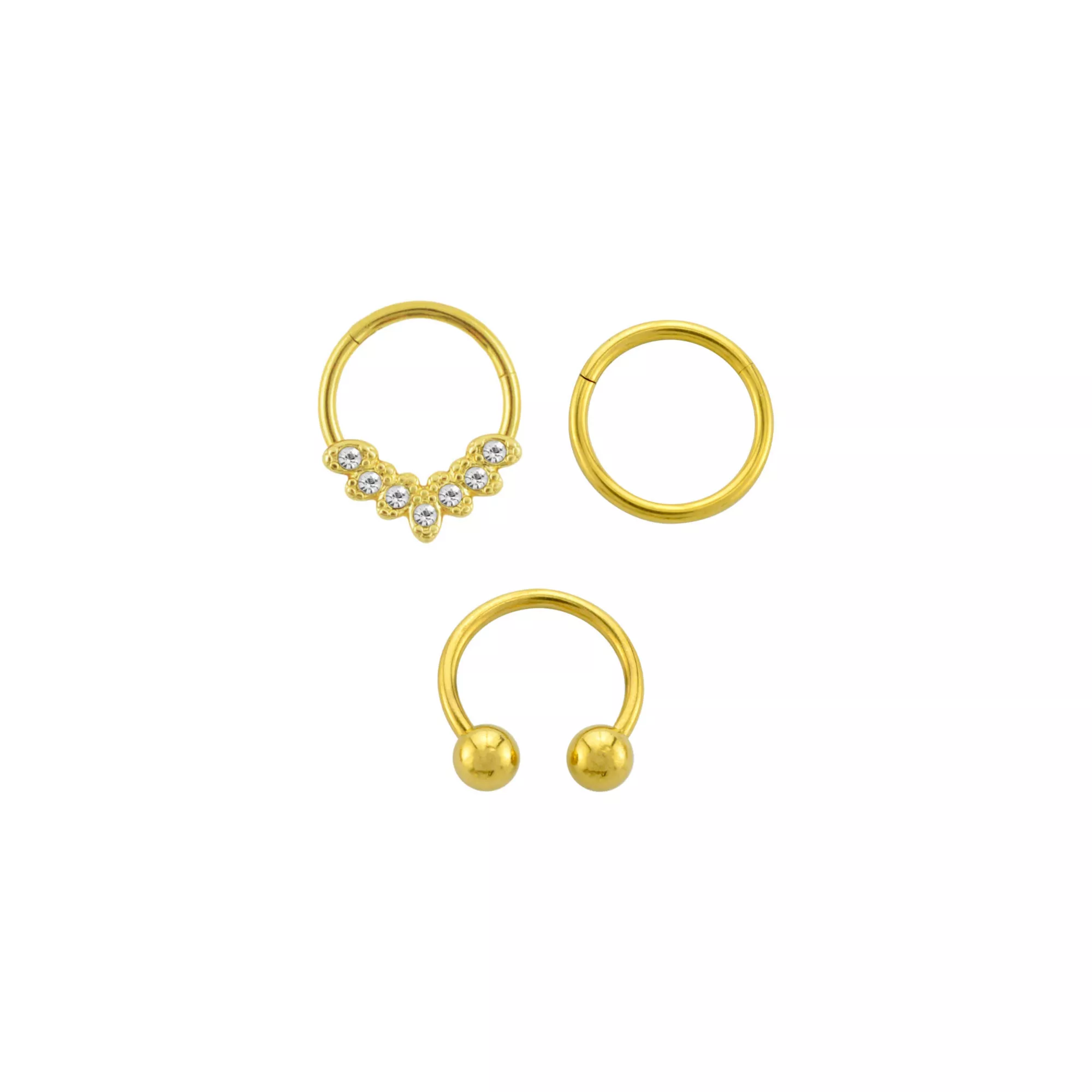 Multi-Pack CZ Gold Plated Hinged Horseshoe Septum Rings 3 Pack - 16 Gauge