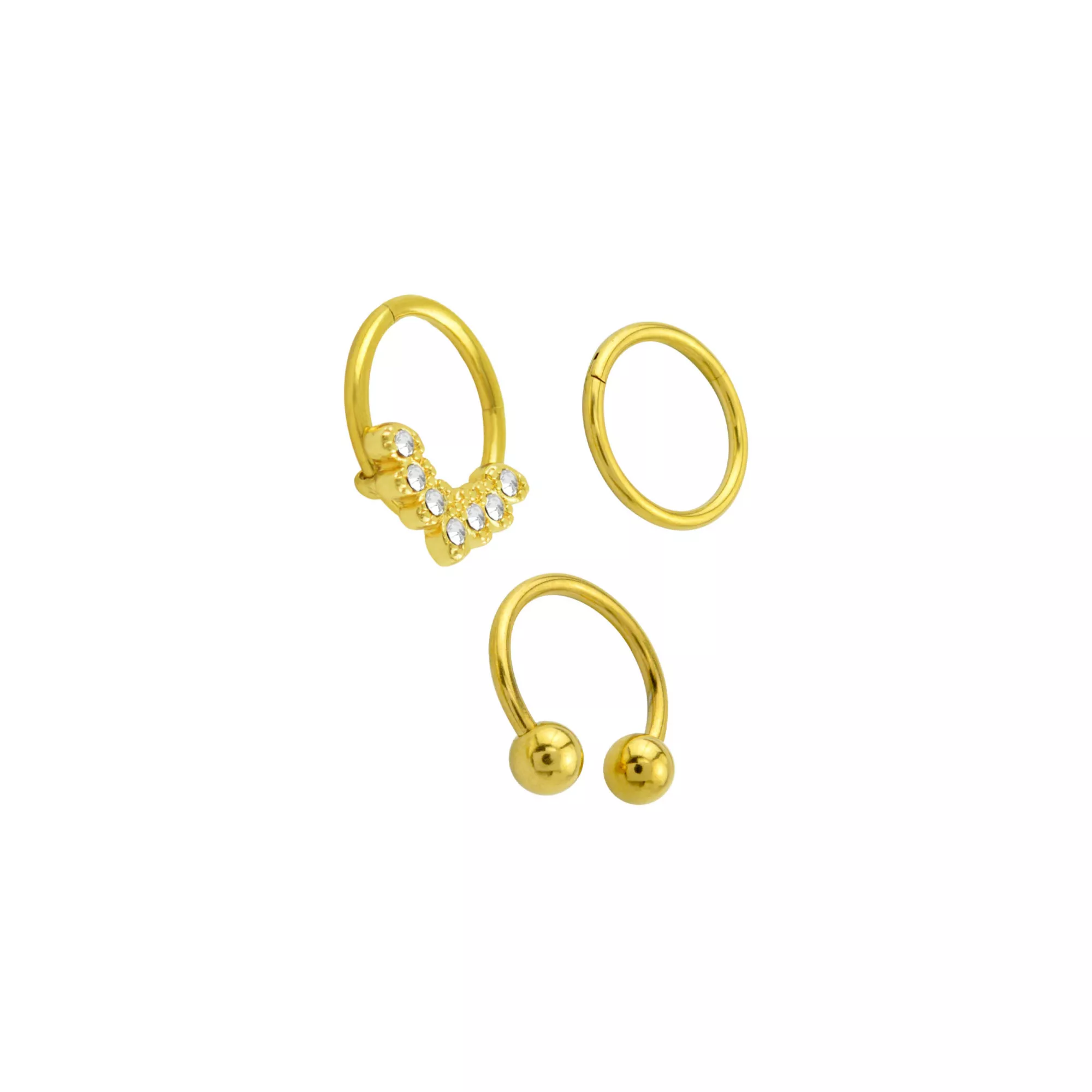Multi-Pack CZ Gold Plated Hinged Horseshoe Septum Rings 3 Pack - 16 Gauge