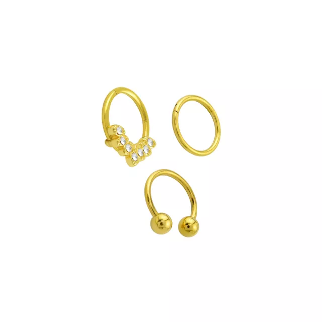 Multi-Pack CZ Gold Plated Hinged Horseshoe Septum Rings 3 Pack - 16 Gauge at Spencer's