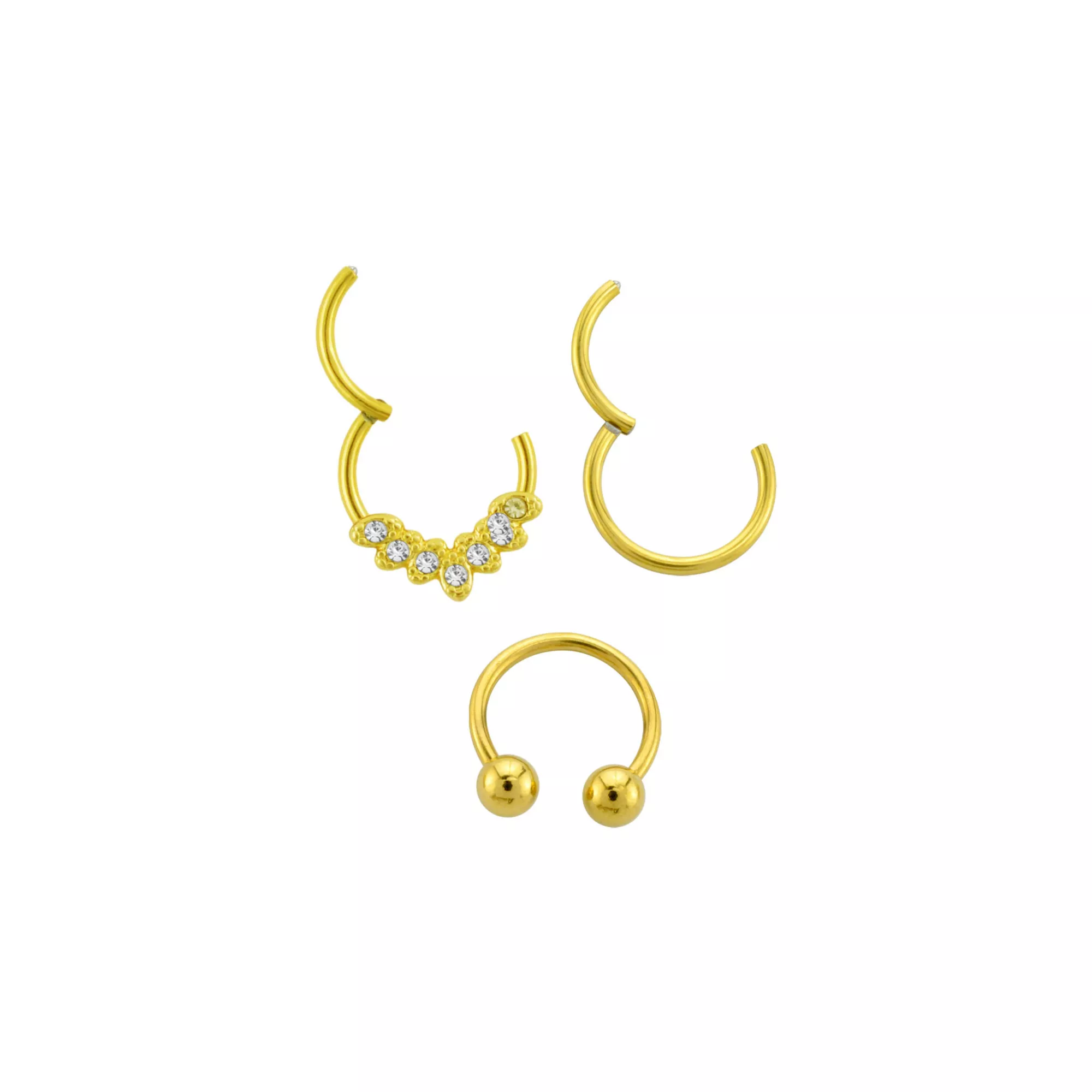 Multi-Pack CZ Gold Plated Hinged Horseshoe Septum Rings 3 Pack - 16 Gauge