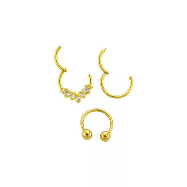Multi-Pack CZ Gold Plated Hinged Horseshoe Septum Rings 3 Pack - 16 Gauge at Spencer's
