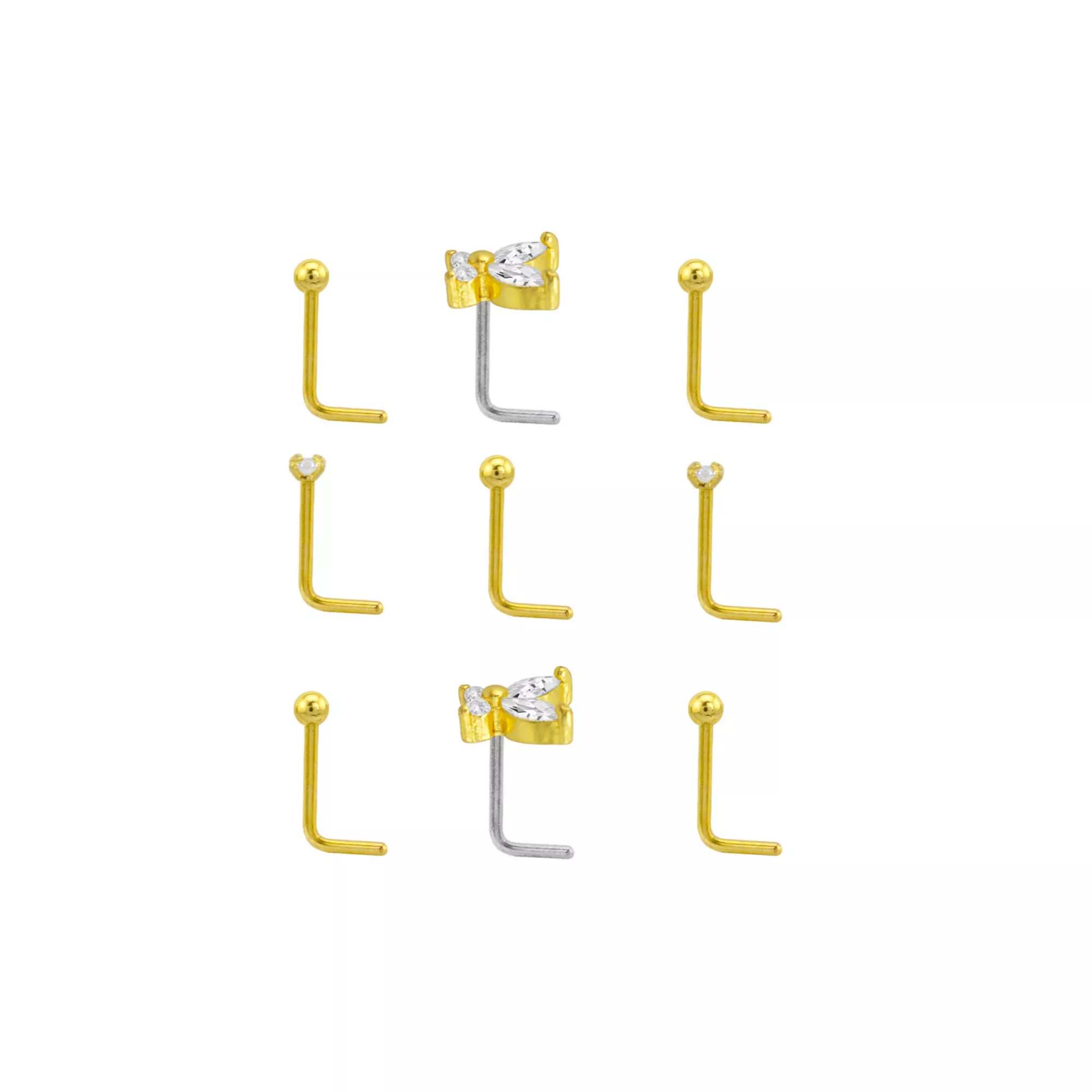 Multi-Pack CZ Butterfly and Flower L-Bend Studs 9 Pack - 20 Gauge