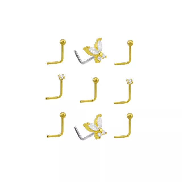 Multi-Pack CZ Butterfly and Flower L-Bend Studs 9 Pack - 20 Gauge