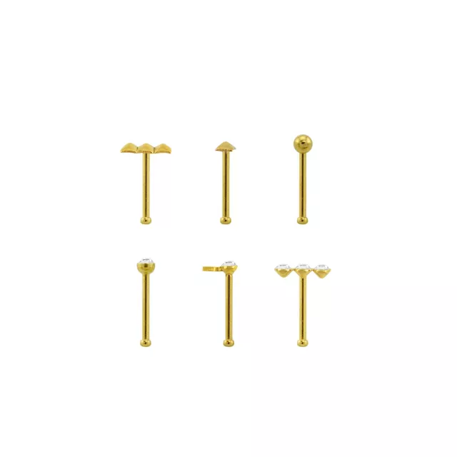 Multi-Pack CZ Titanium Goldtone Nose Pins 6 Pack - 18 Gauge